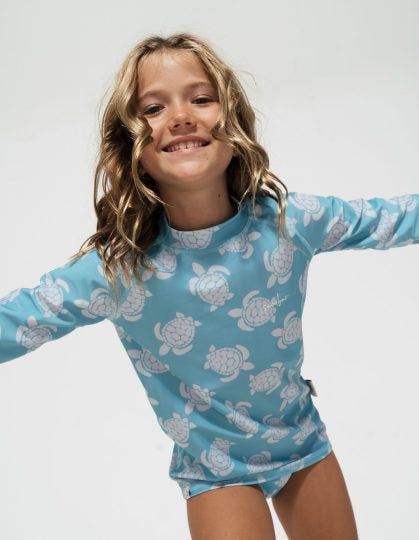 Maldives Blue Turtle Rash Guard, additional view. Kids UPF50 rash guard.