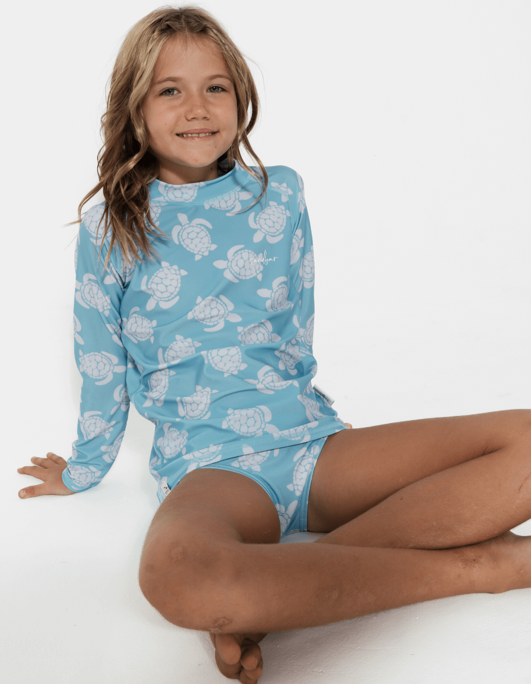 Maldives Blue Turtle Rash Guard, additional view. Kids UPF50 rash guard.