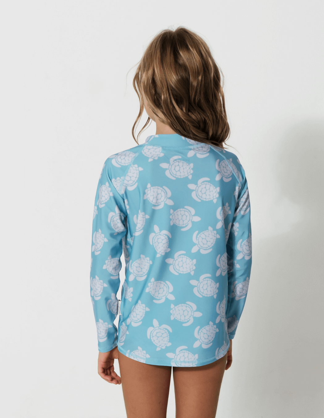 Maldives Blue Turtle Rash Guard, back view. Kids UPF50 rash guard.