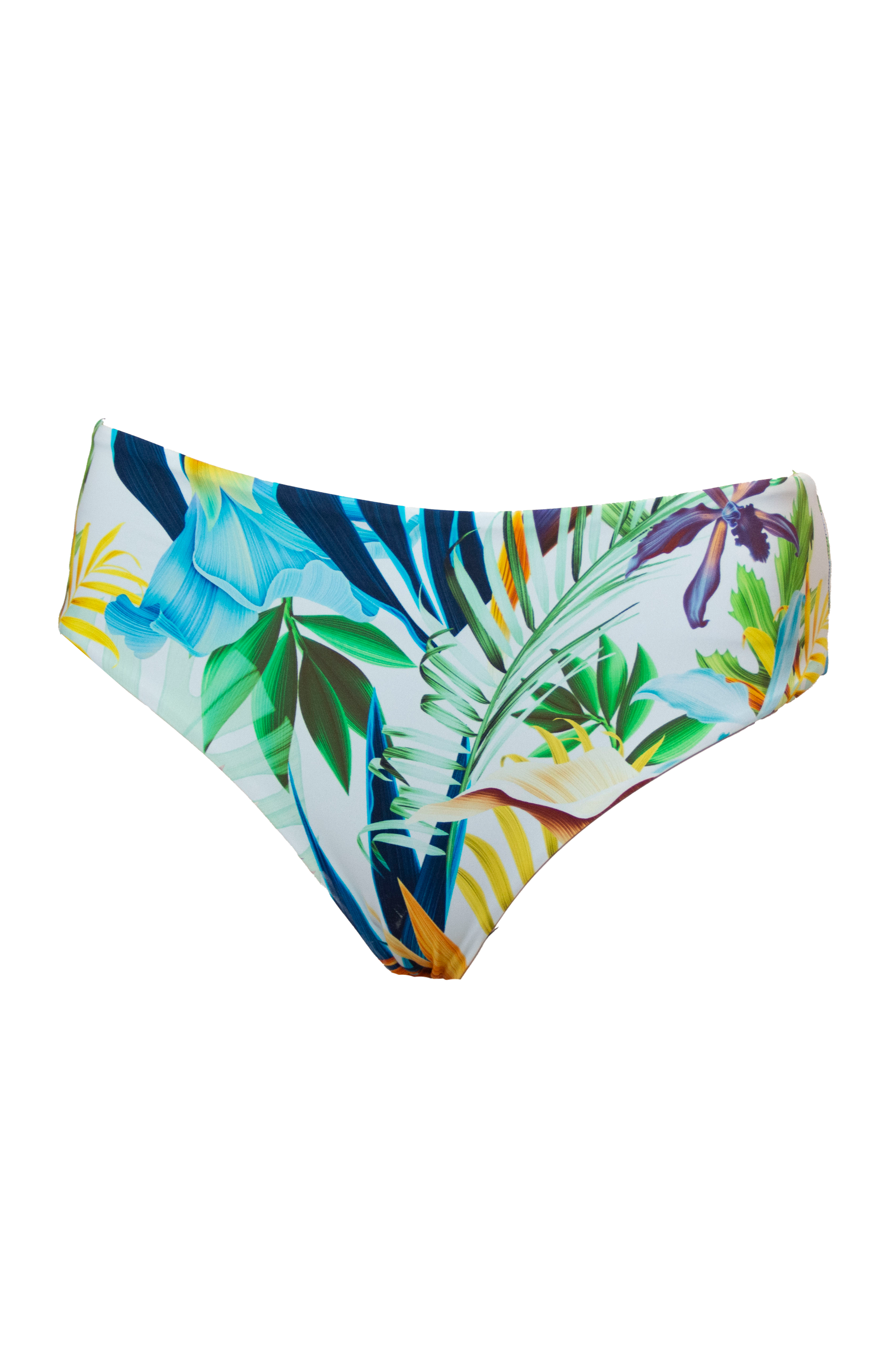 Mid Waist Bird of Paradise Womens Bikini Bottoms, front view. Sustainable womens swimwear.