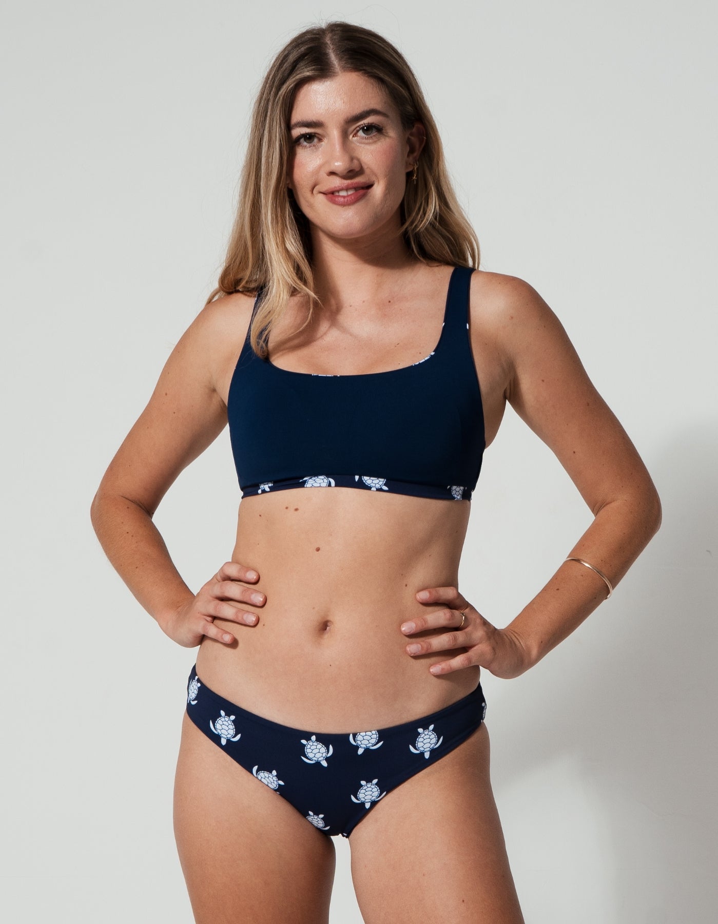 Midnight Blue Turtle Womens Tank Bikini Top, additional view. Sustainable womens swimwear.