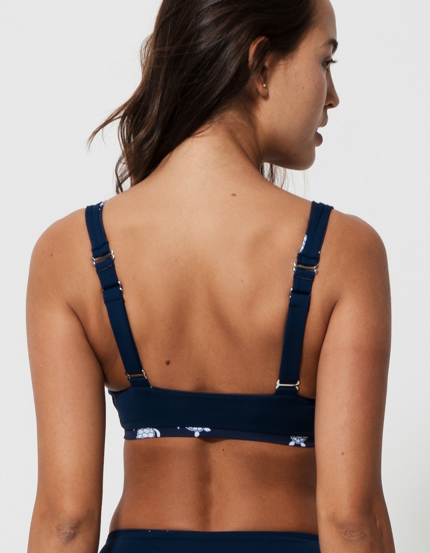 Midnight Blue Turtle Womens Tank Bikini Top, additional view. Sustainable womens swimwear.