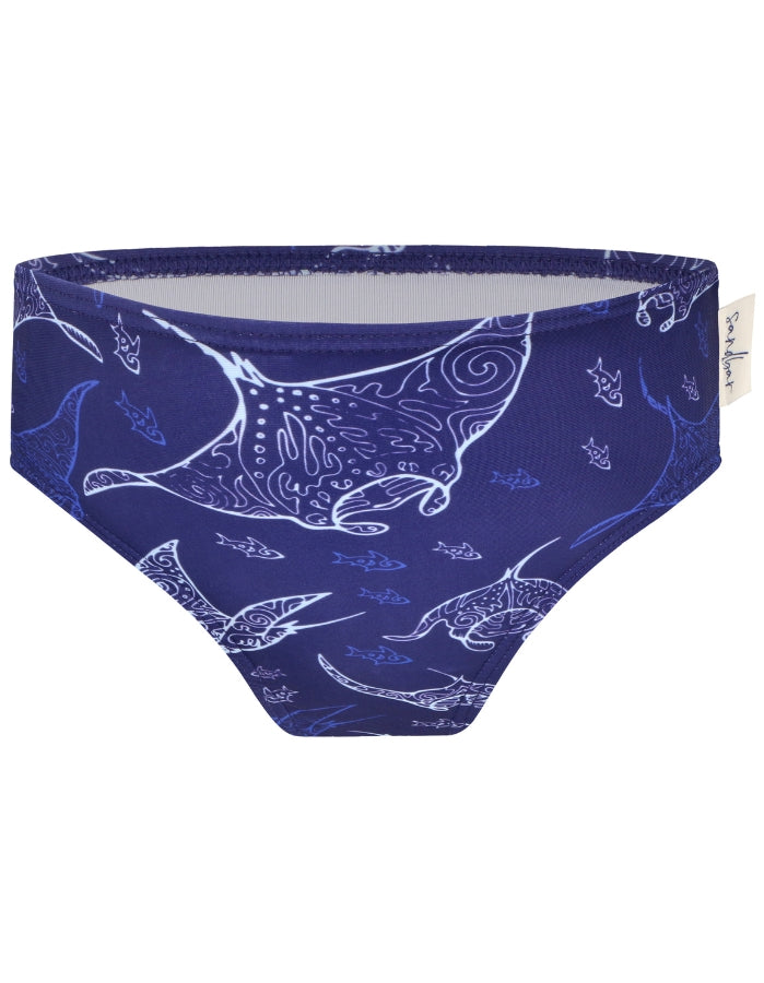 Ocean Manta Girls Bikini Bottoms, print detail. Sustainable girls swimwear.