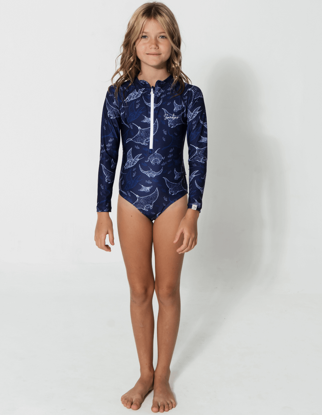 Ocean Manta Long Sleeved Girls Swimsuit, additional view. Sustainable girls swimwear.