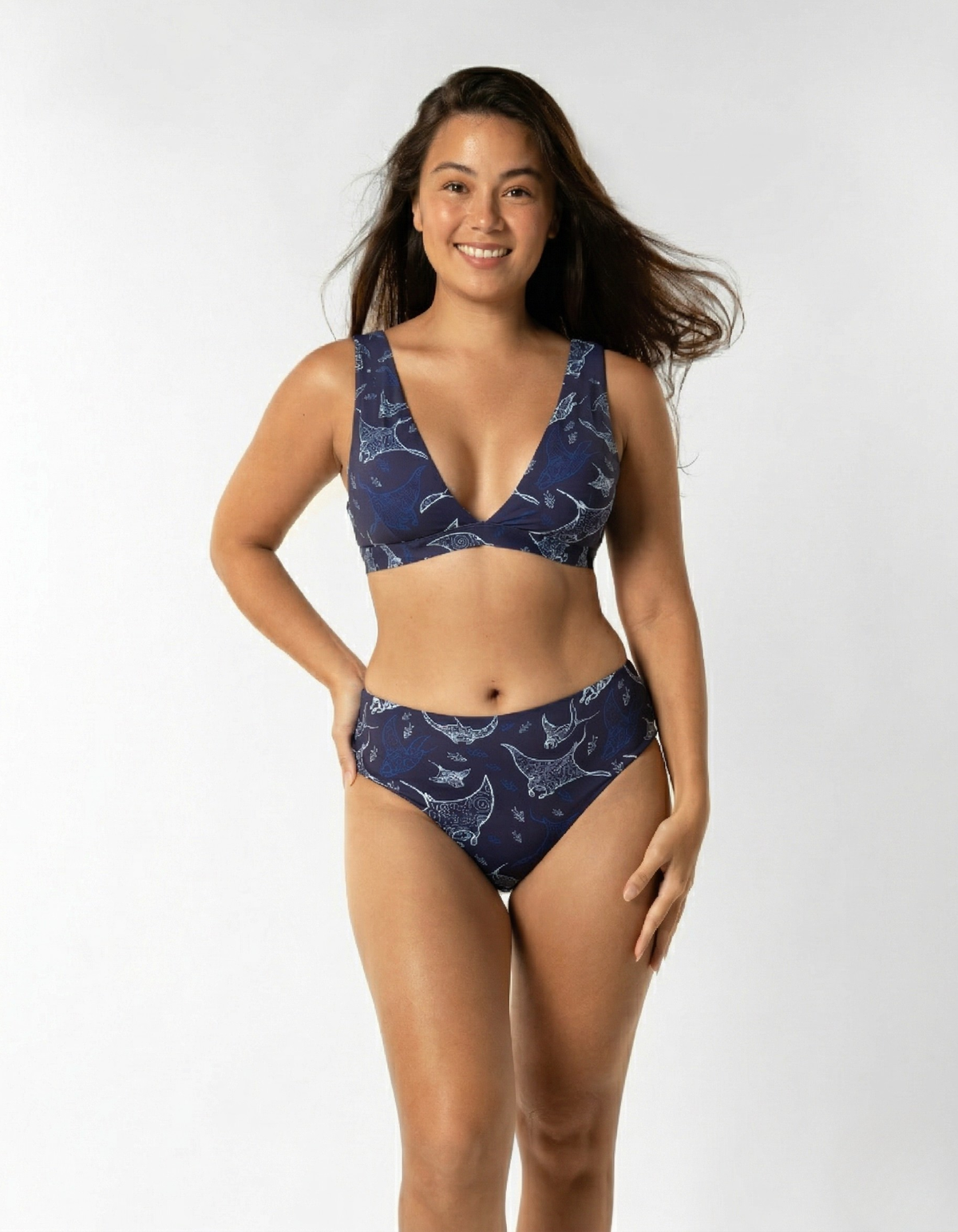 Dune – Ocean Manta Womens Plunge Bikini Top, print detail. Sustainable womens swimwear.
