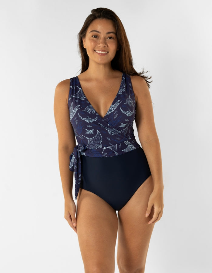 Womens_wrap_one_piece_swim_suit_ocean_manta_ray_full_coverage_breastfeeding_front