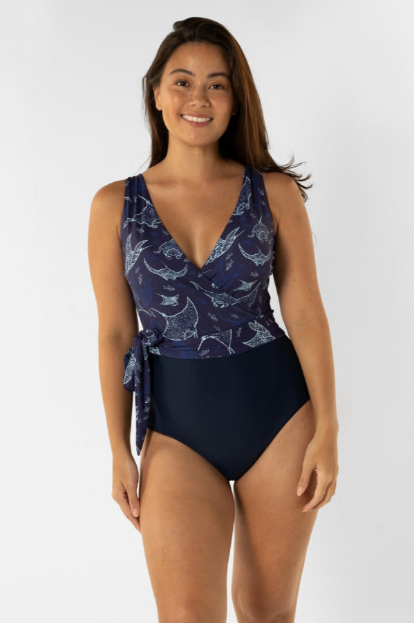 Womens_wrap_one_piece_swim_suit_ocean_manta_ray_full_coverage_breastfeeding_front