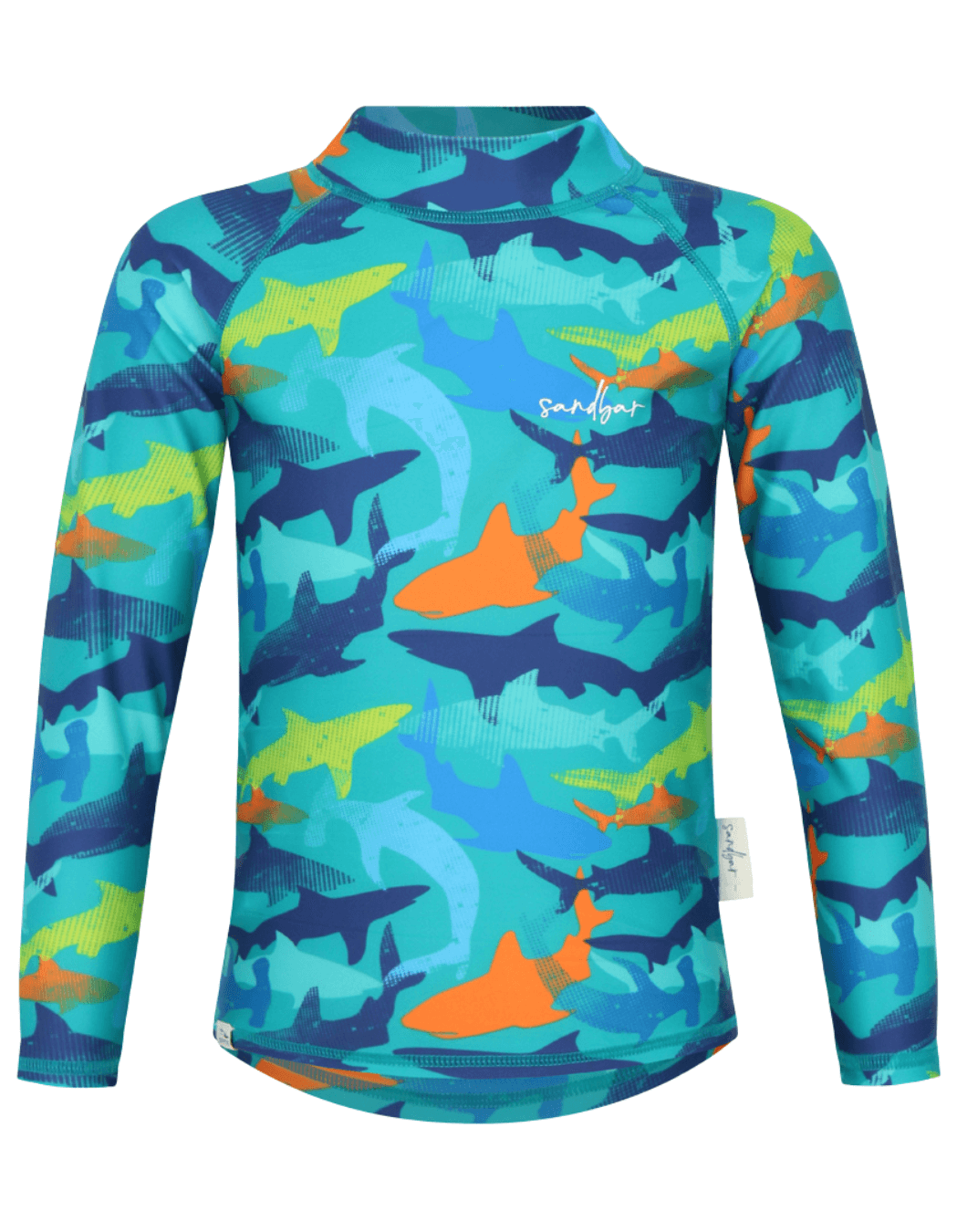 Orange Shark Rash Guard, print detail. Kids UPF50 rash guard.