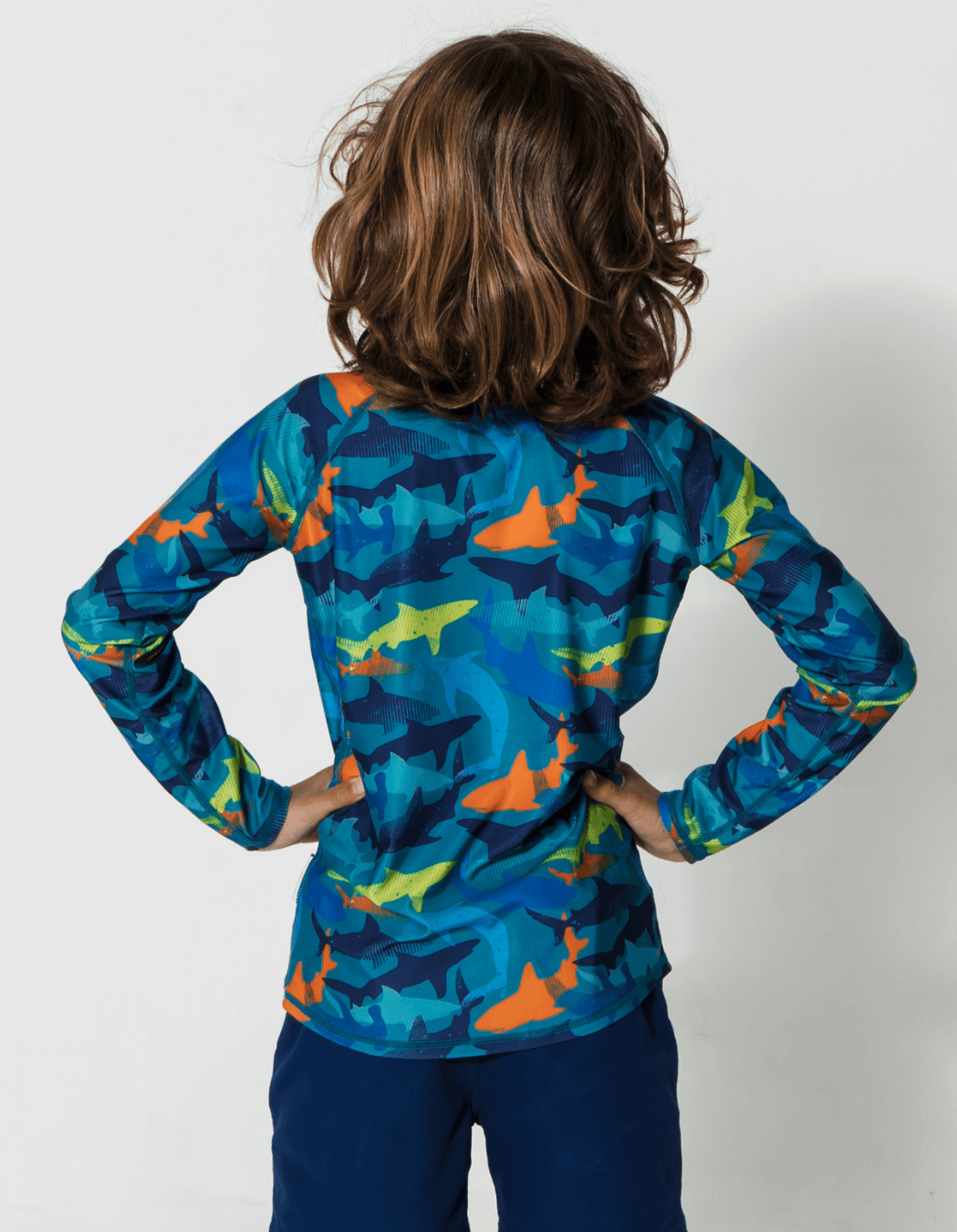 Orange Shark Rash Guard, back view. Kids UPF50 rash guard.