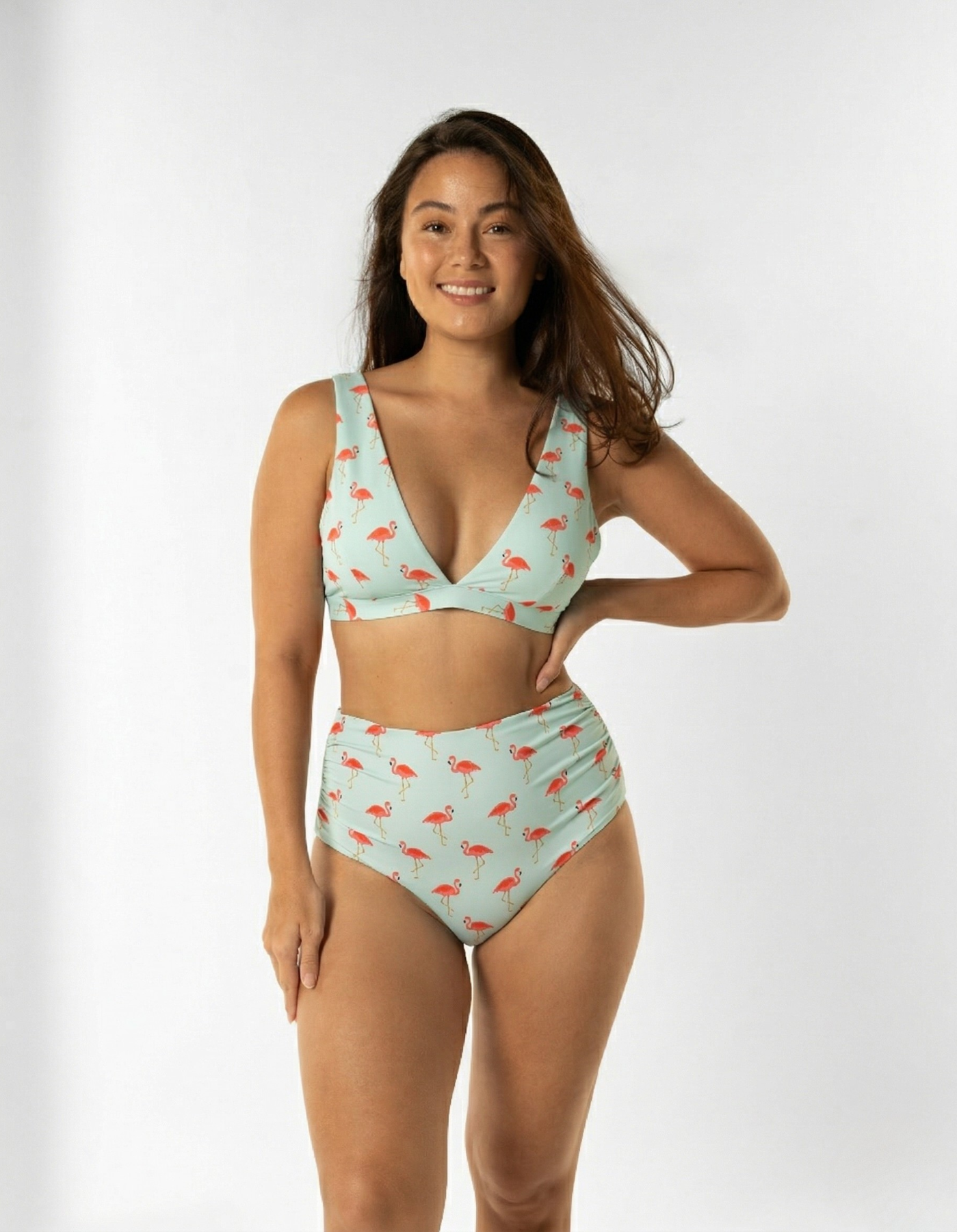 Dune – Pink Flamingo Womens Plunge Bikini Top, print detail. Sustainable womens swimwear.