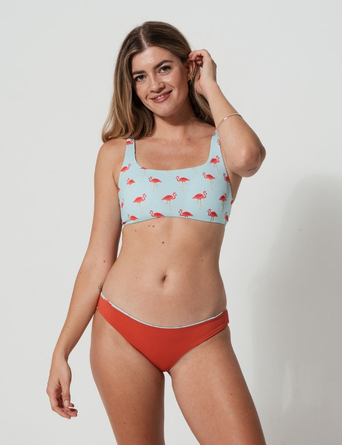 Pink Flamingo Womens Tank Bikini Top, additional view. Sustainable womens swimwear.