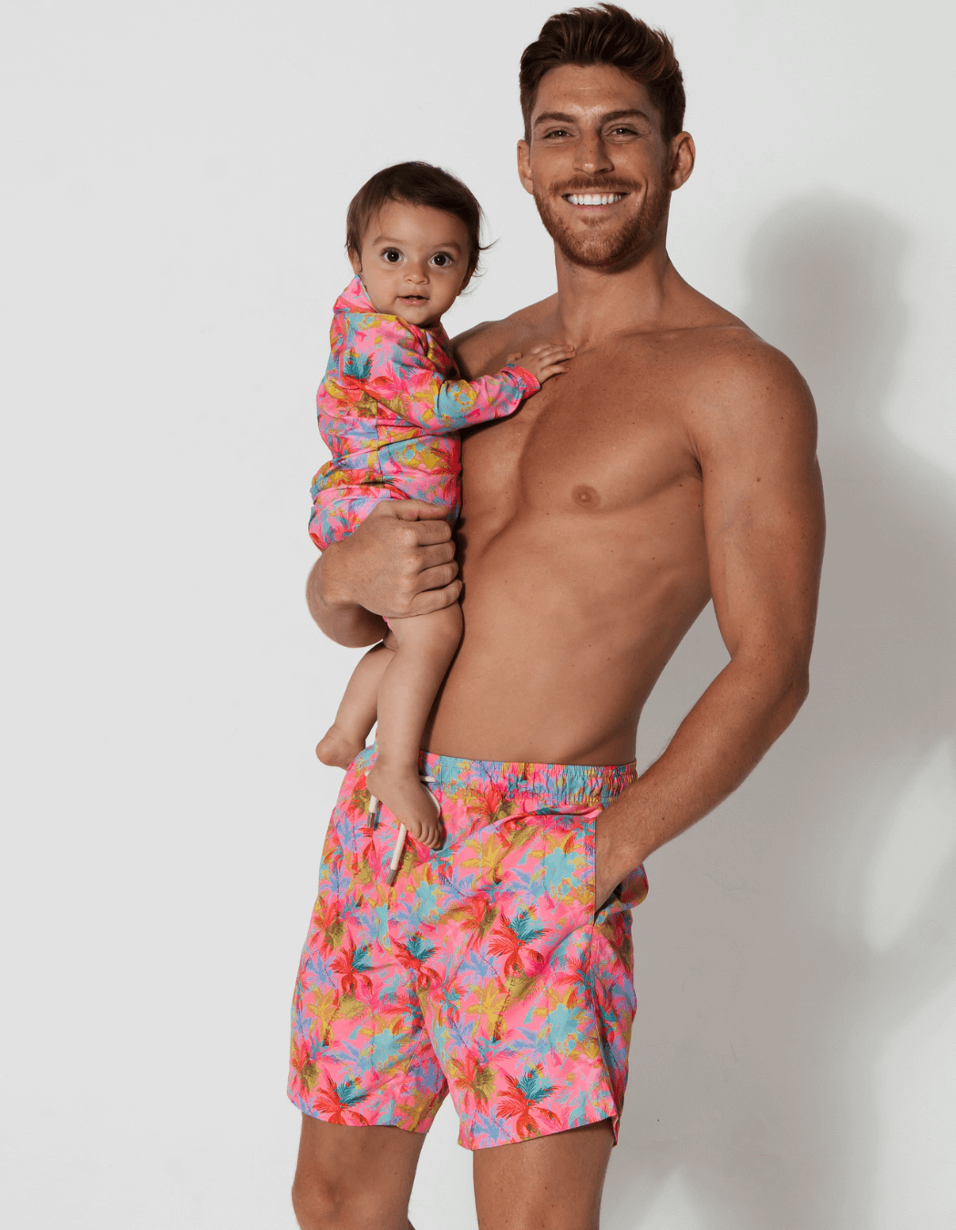 Pink Palm Baby Swimsuit, additional view. Sustainable baby swimwear.