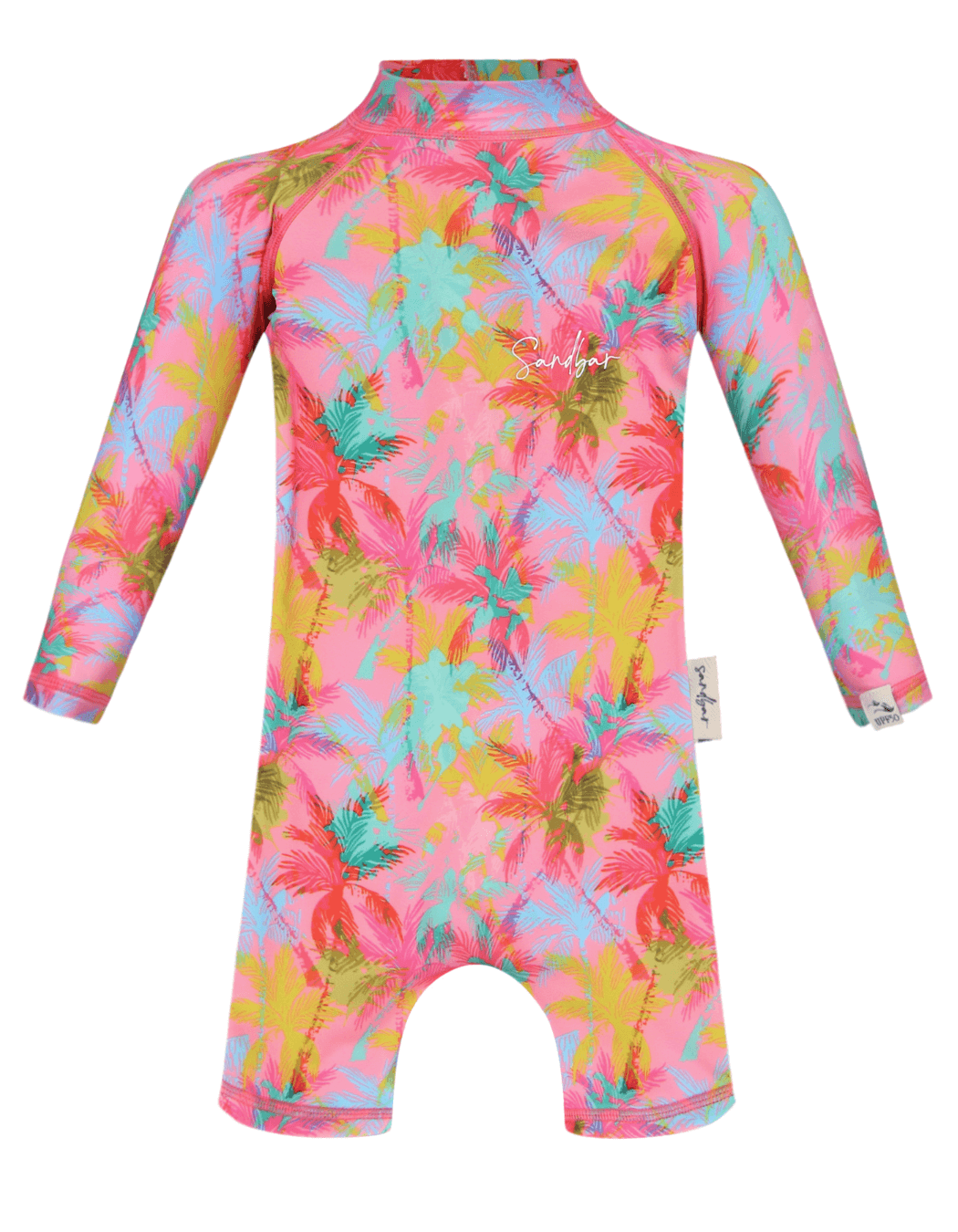 Pink Palm Baby Swimsuit, additional view. Sustainable baby swimwear.