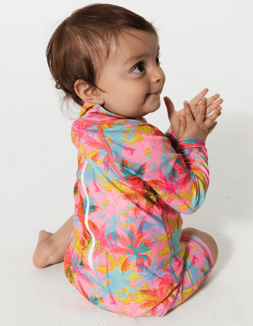 Pink Palm Baby Swimsuit, additional view. Sustainable baby swimwear.