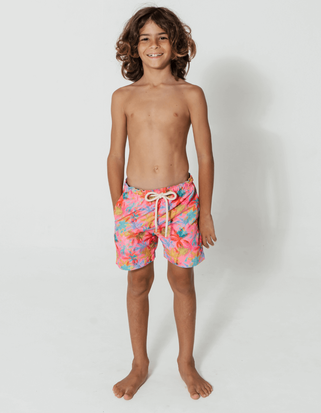 Pink Palm Boys Swim Shorts, additional view. Sustainable boys swimwear.