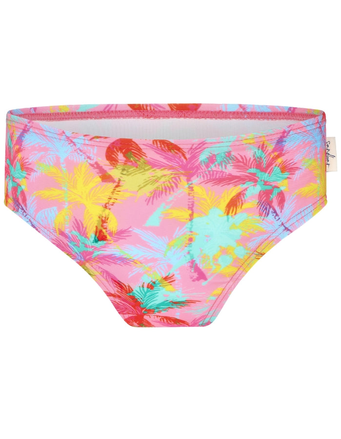 Pink Palm Girls Bikini Bottoms, lifestyle shot. Sustainable girls swimwear.