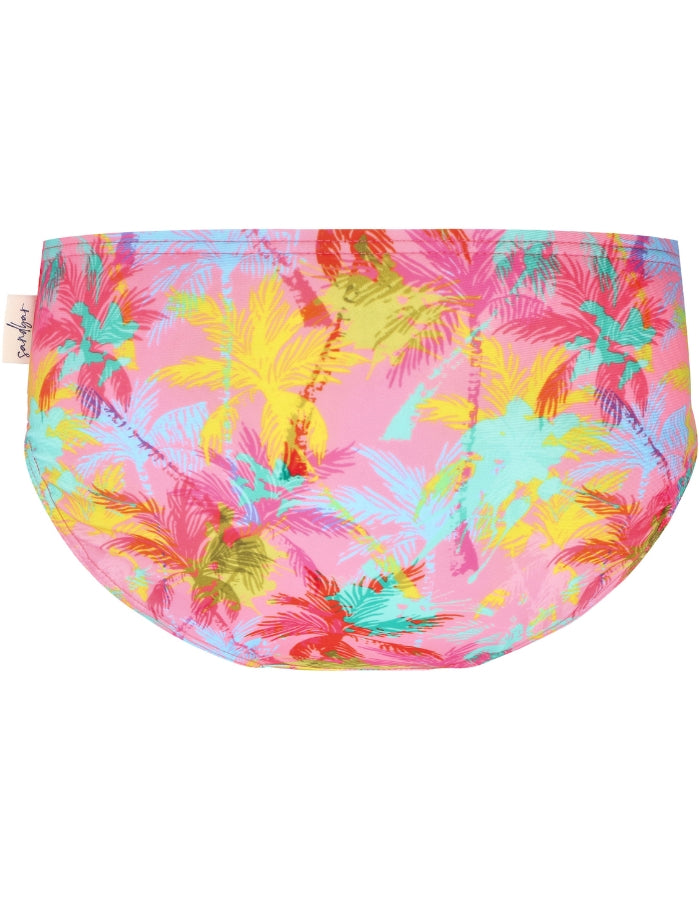 Pink Palm Girls Bikini Bottoms, additional view. Sustainable girls swimwear.