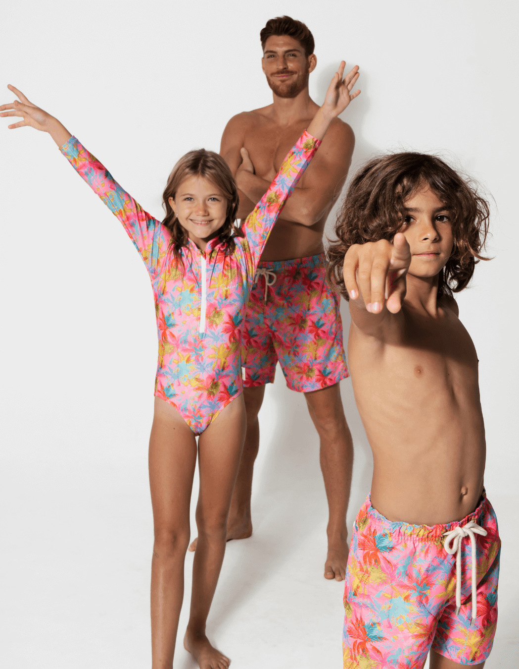 Pink Palm Long Sleeved Girls Swimsuit, additional view. Sustainable girls swimwear.