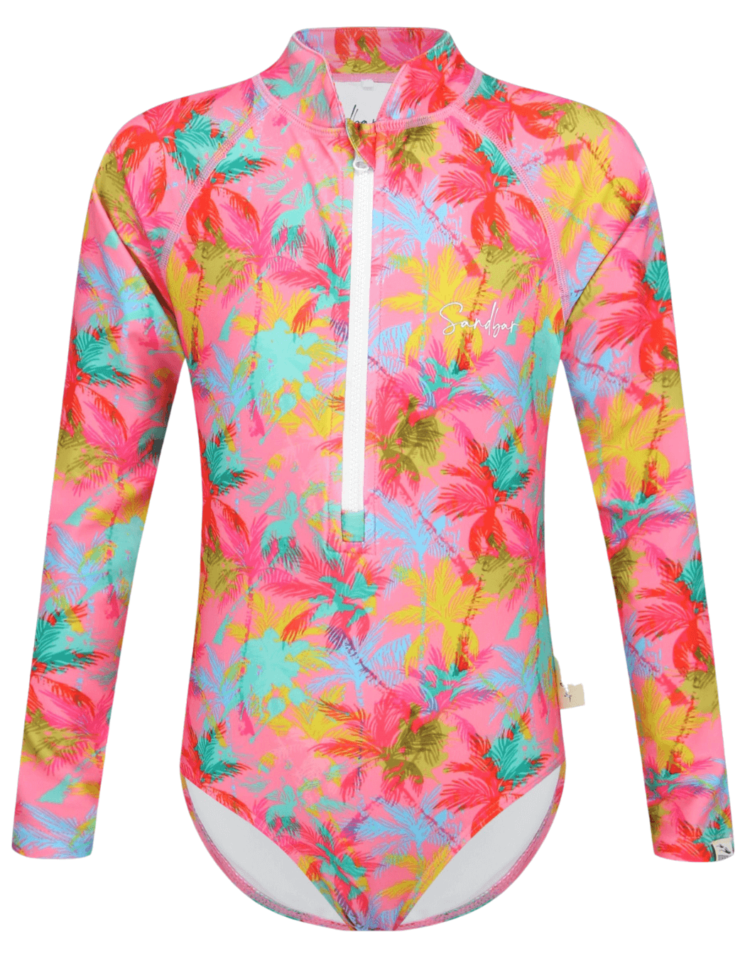 Pink Palm Long Sleeved Girls Swimsuit, additional view. Sustainable girls swimwear.