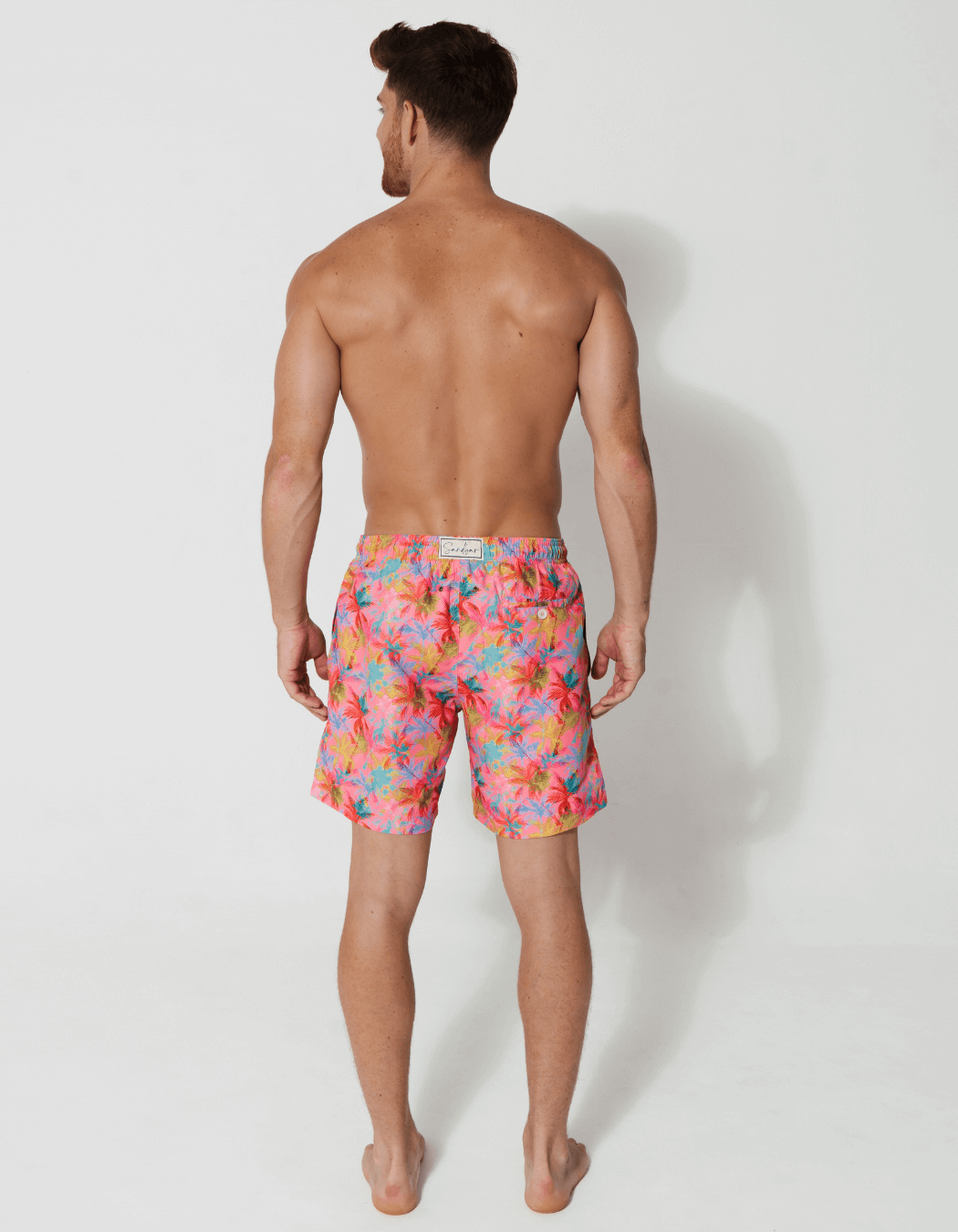 Pink Palm Mens Swim Shorts, additional view. Sustainable mens swimwear.