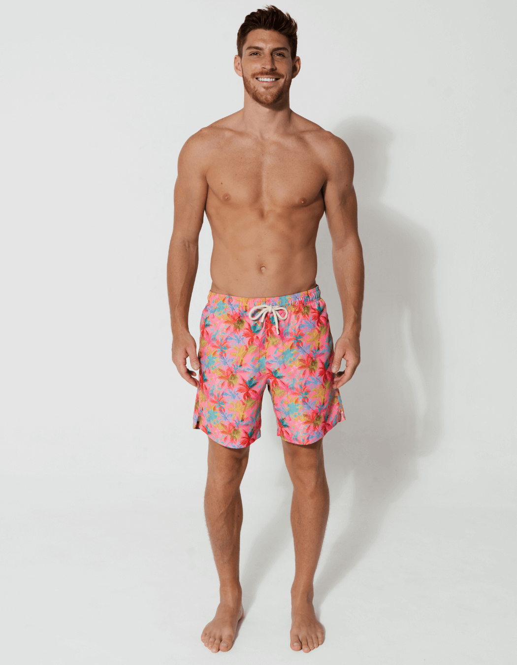 Pink Palm Mens Swim Shorts, additional view. Sustainable mens swimwear.