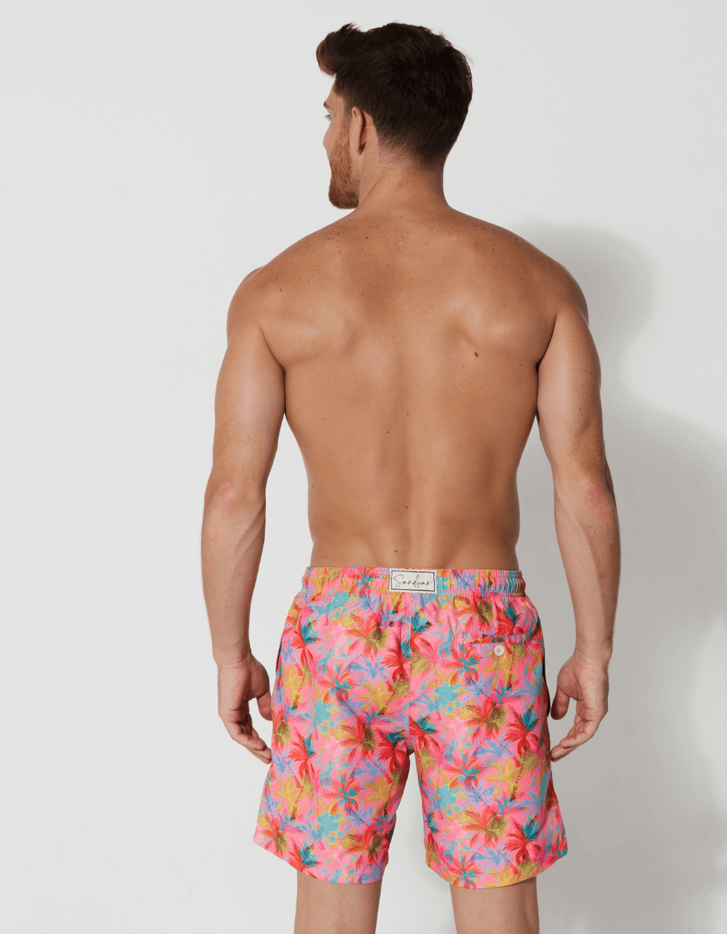 Pink Palm Mens Swim Shorts, additional view. Sustainable mens swimwear.