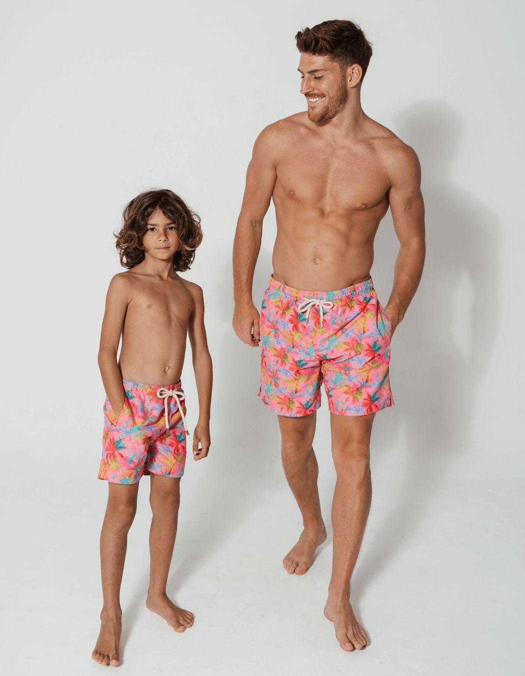 Pink Palm Mens Swim Shorts, additional view. Sustainable mens swimwear.