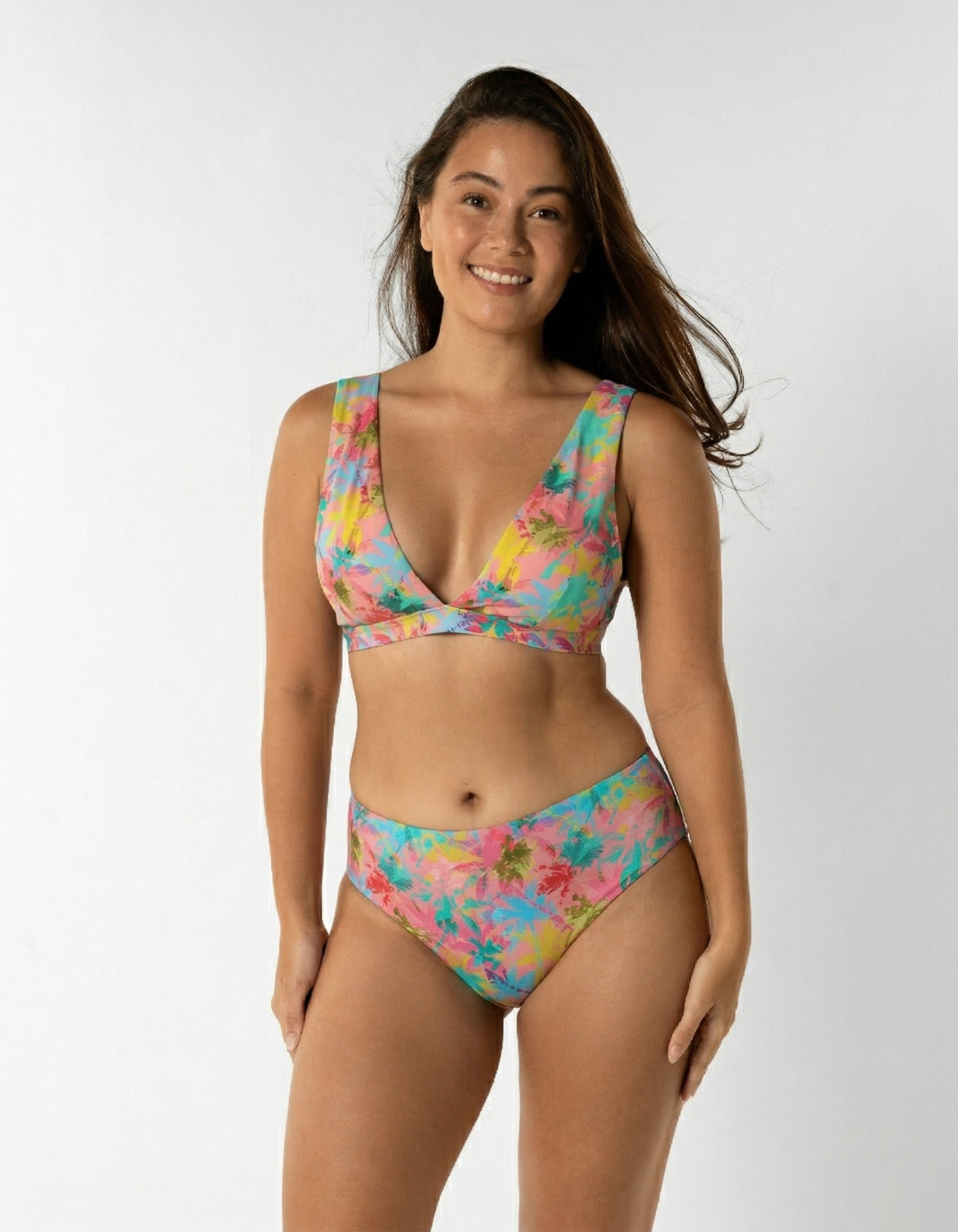 Dune – Pink Palm Womens Plunge Bikini Top, print detail. Sustainable womens swimwear.