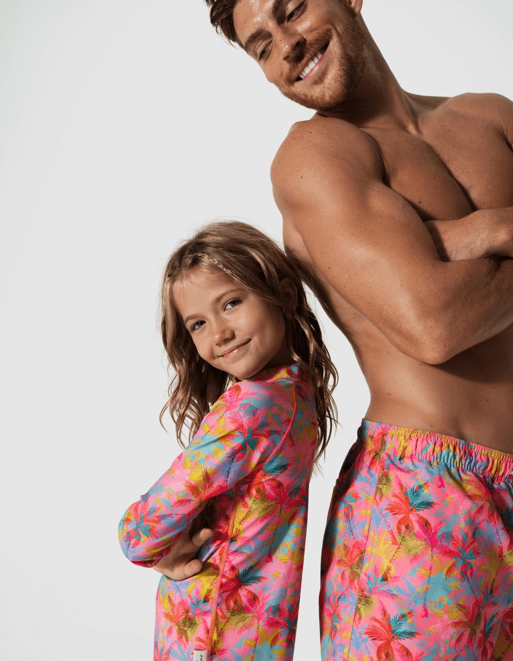 Pink Palm Rash Guard, print detail. Kids UPF50 rash guard.