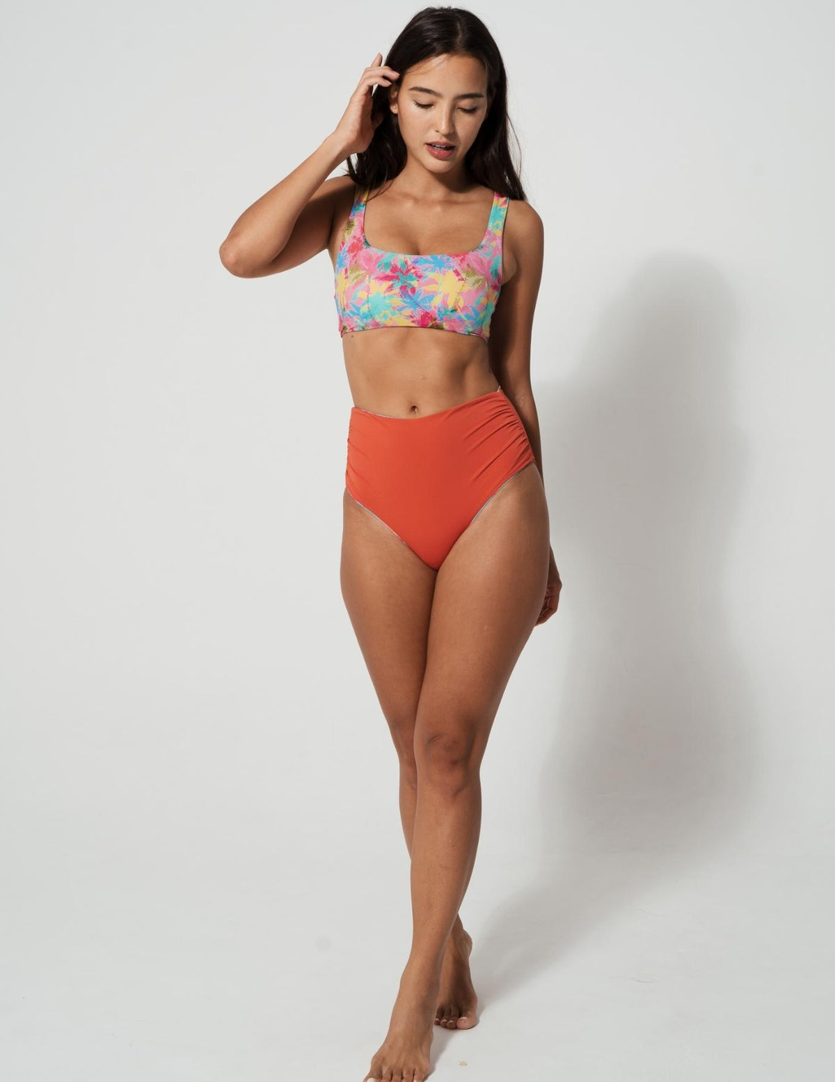 Pink Palm Womens Tank Bikini Top, additional view. Sustainable womens swimwear.