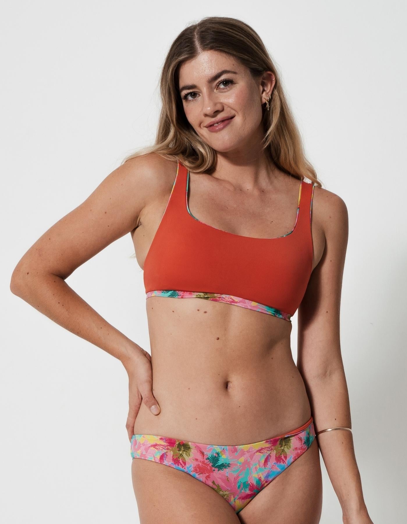 Pink Palm Womens Tank Bikini Top, additional view. Sustainable womens swimwear.