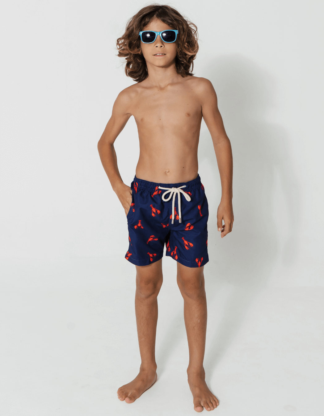 Printed Red Lobster Boys Swim Shorts, additional view. Sustainable boys swimwear.