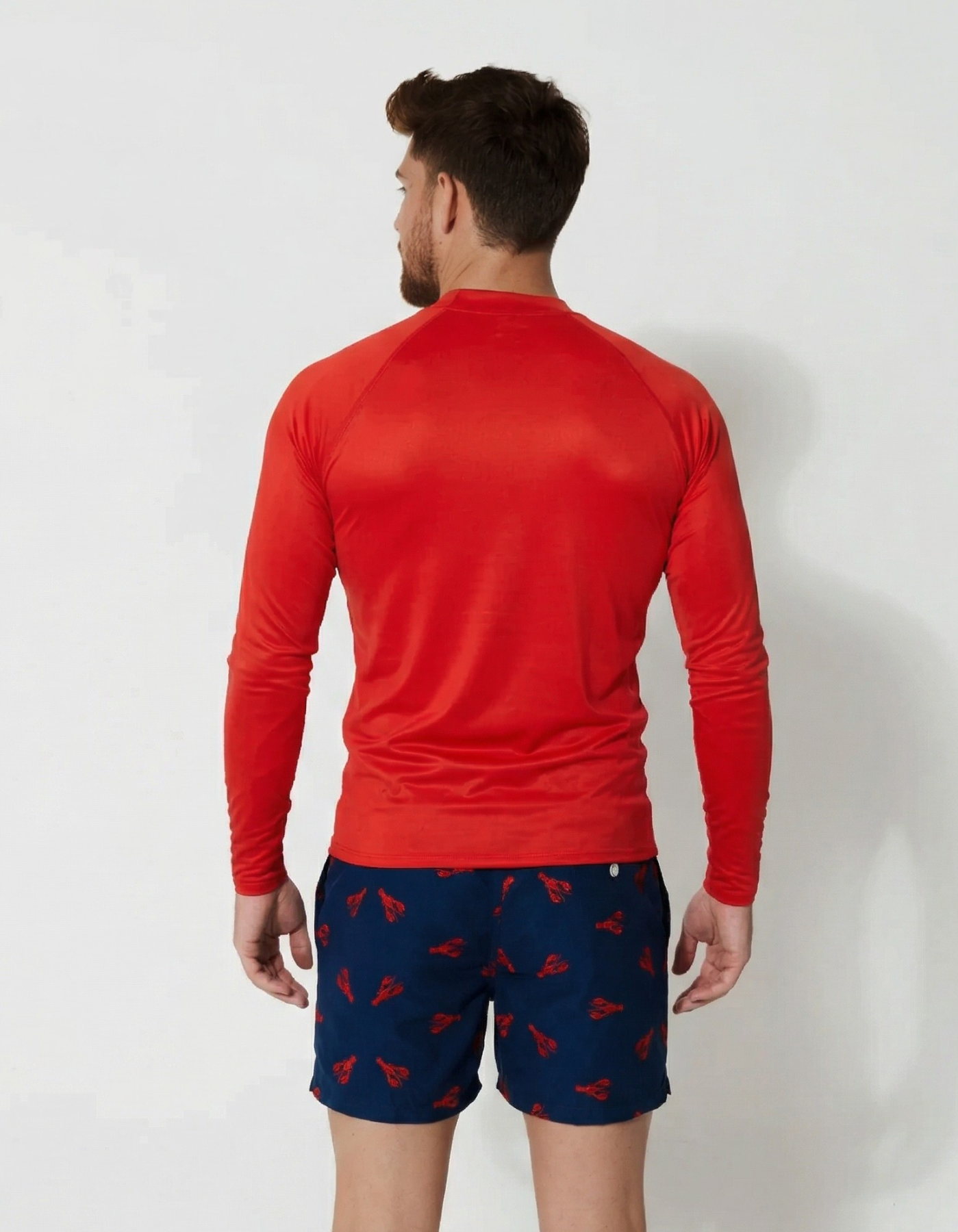Red Long Sleeved Mens Rash Guard, back view. Mens UPF50 rash guard.