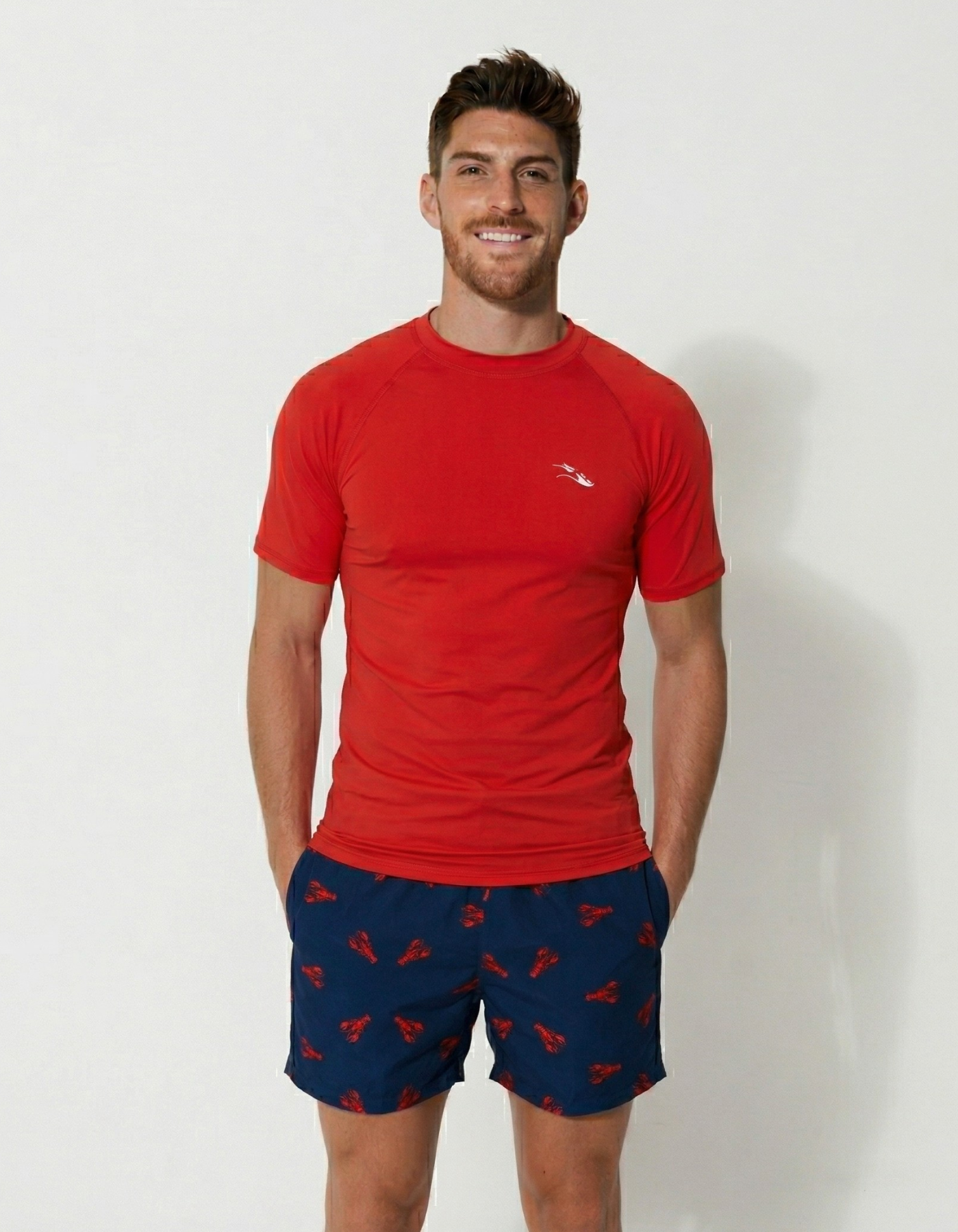 Red Short Sleeved Mens Rash Guard, front view. Mens UPF50 rash guard.