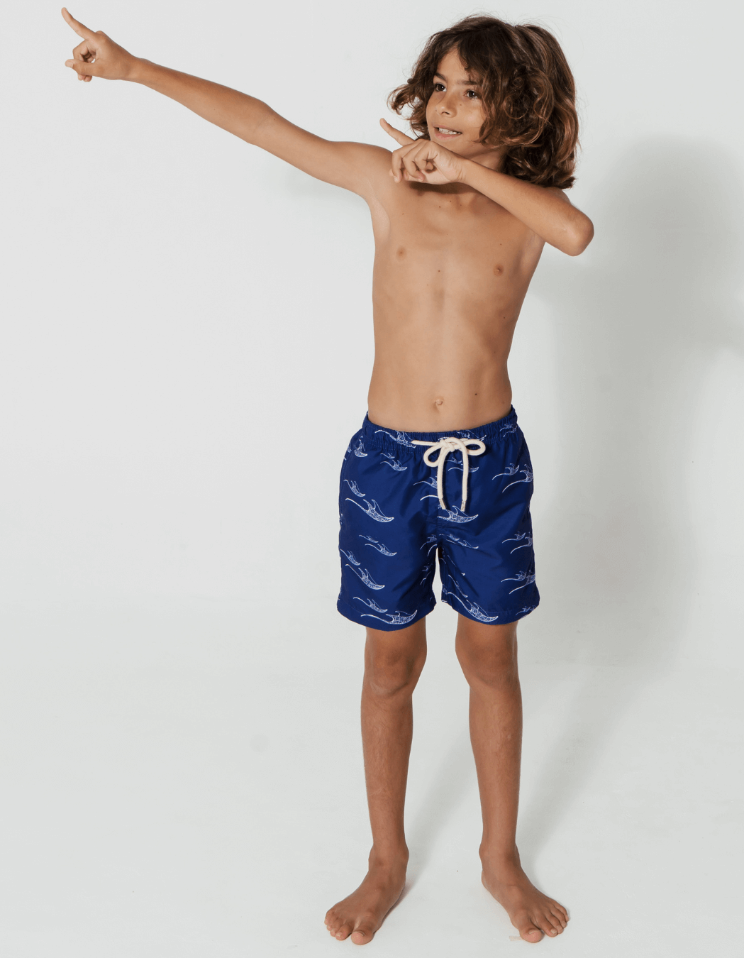 Sandbar Manta Boys Swim Shorts, print detail. Sustainable boys swimwear.