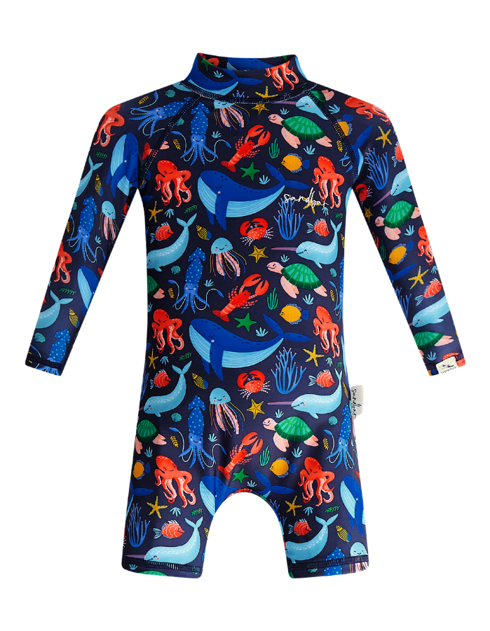Sealife Baby Swimsuit, print detail. Sustainable baby swimwear.