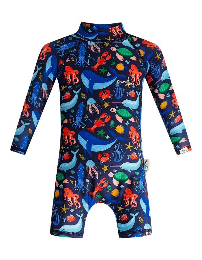 Sealife Baby Swimsuit, print detail. Sustainable baby swimwear.