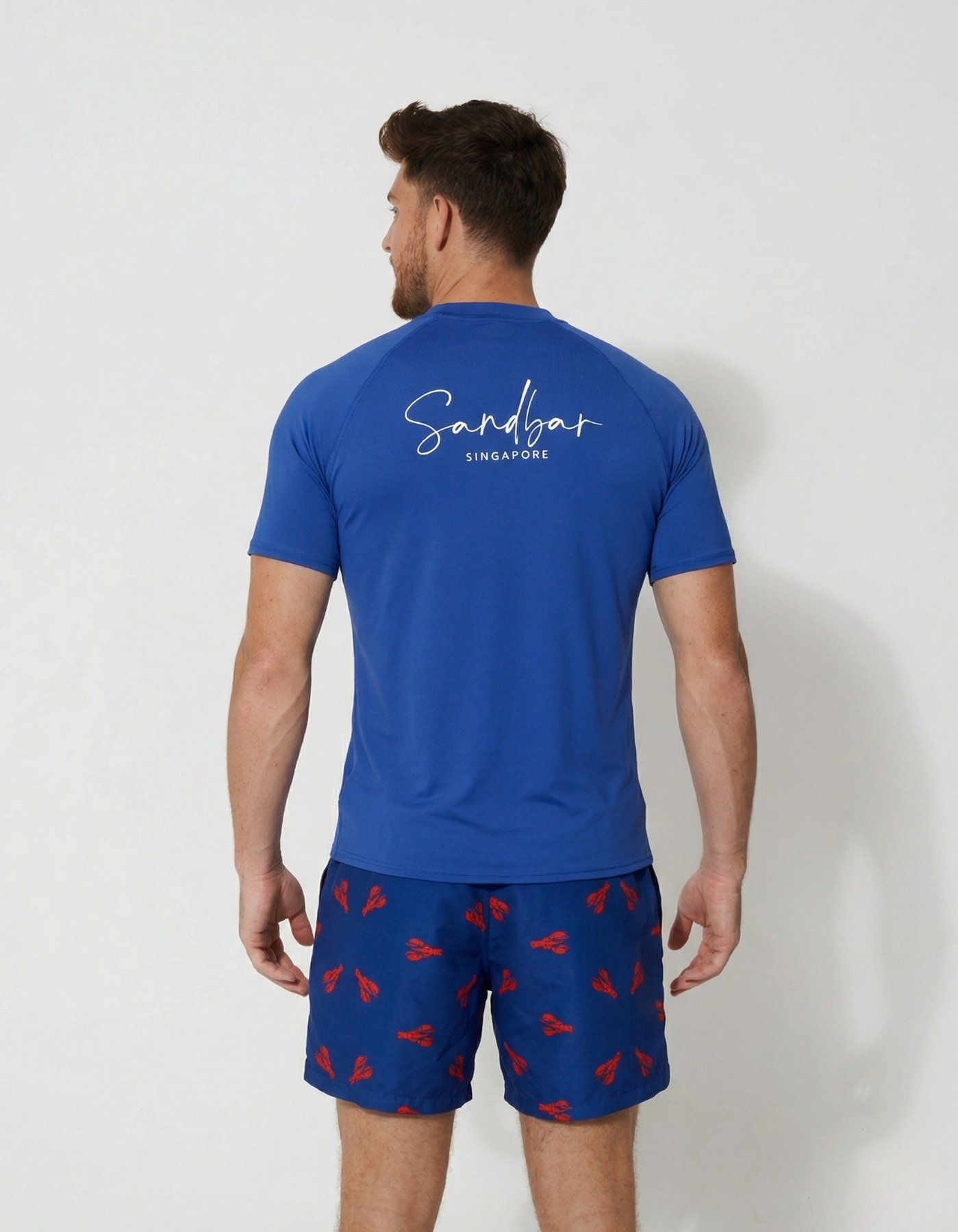 Stone Blue Short Sleeved Mens Rash Guard, back view. Mens UPF50 rash guard.