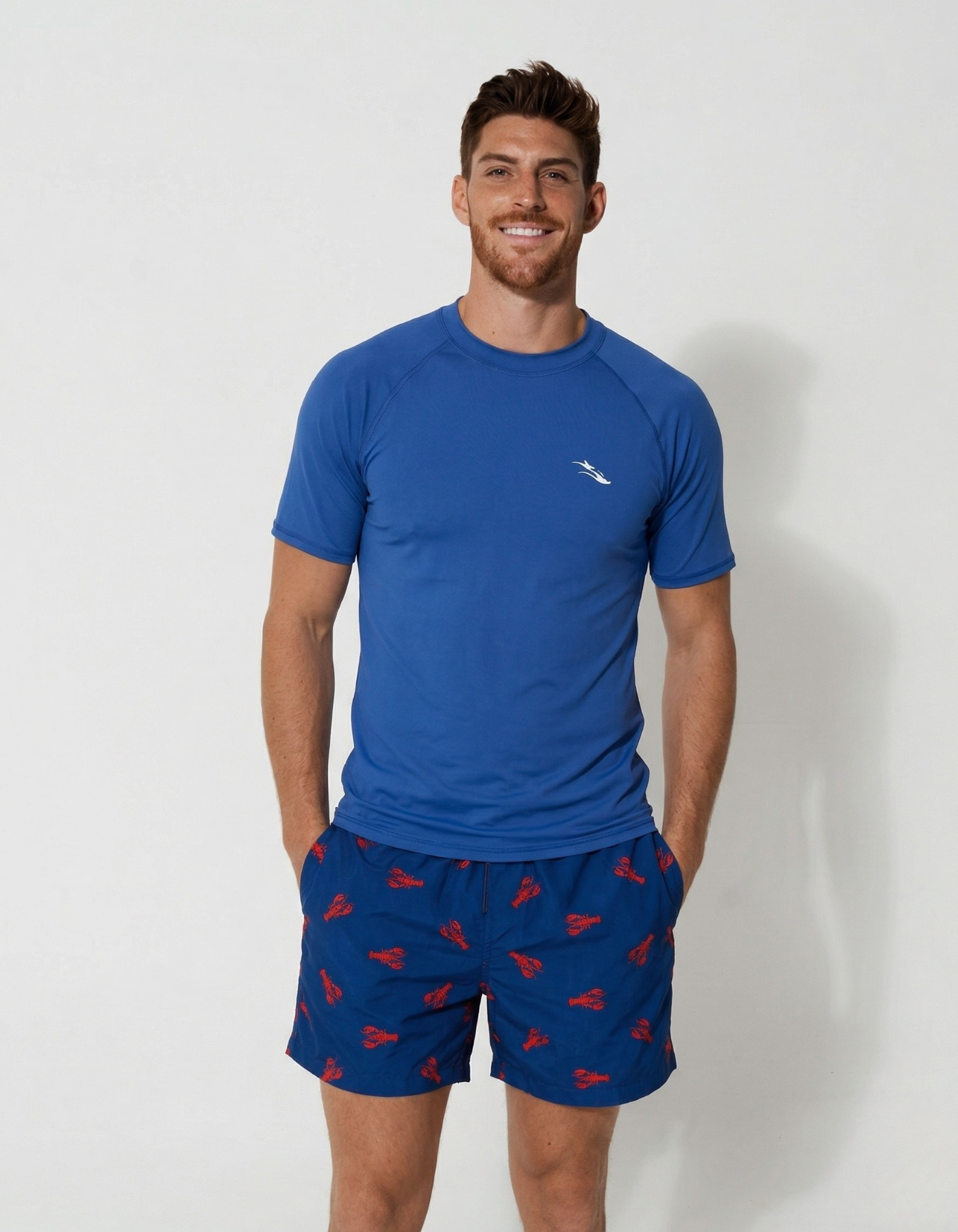 Stone Blue Short Sleeved Mens Rash Guard, front view. Mens UPF50 rash guard.