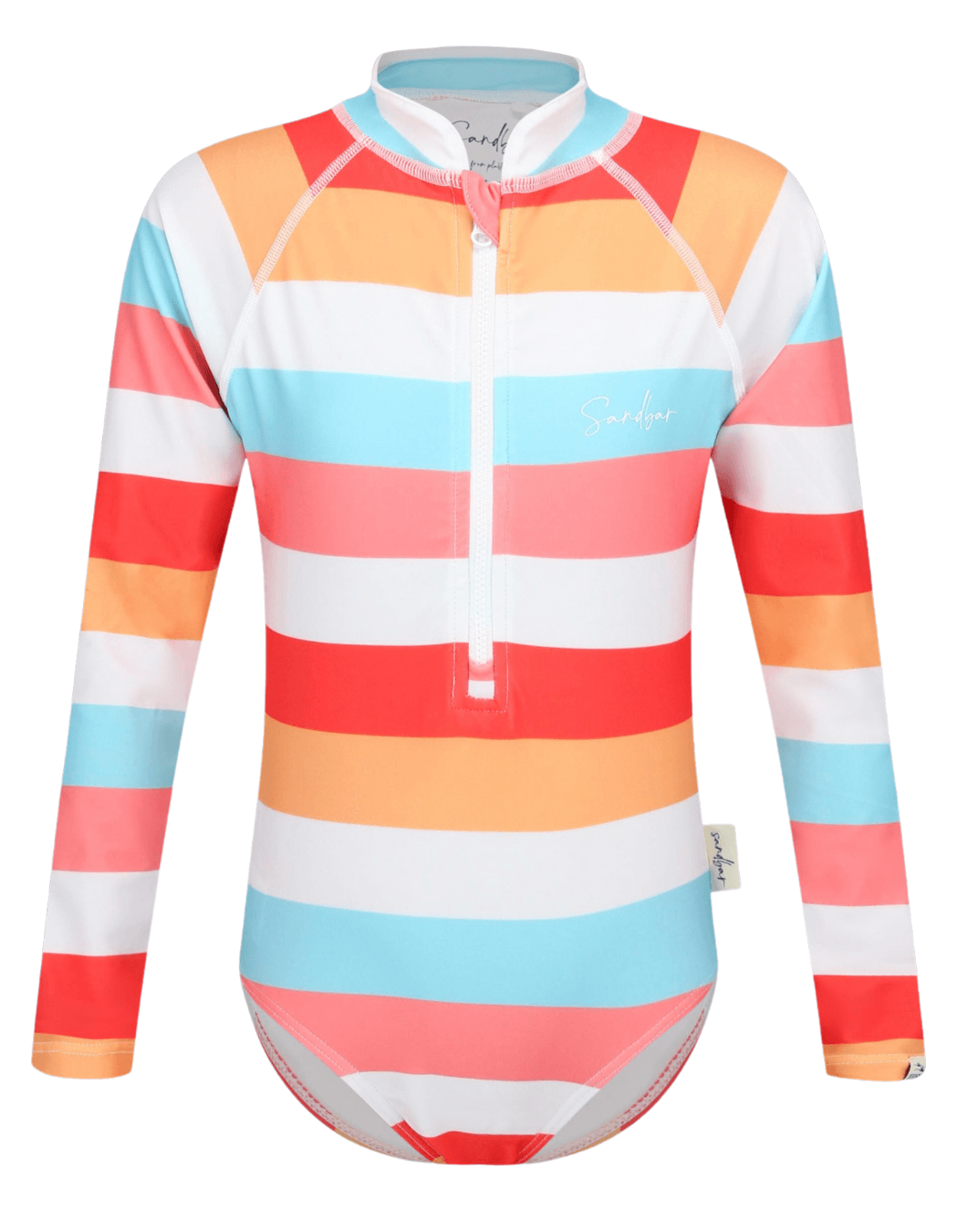Sunset Stripes Long Sleeved Girls Swimsuit, additional view. Sustainable girls swimwear.
