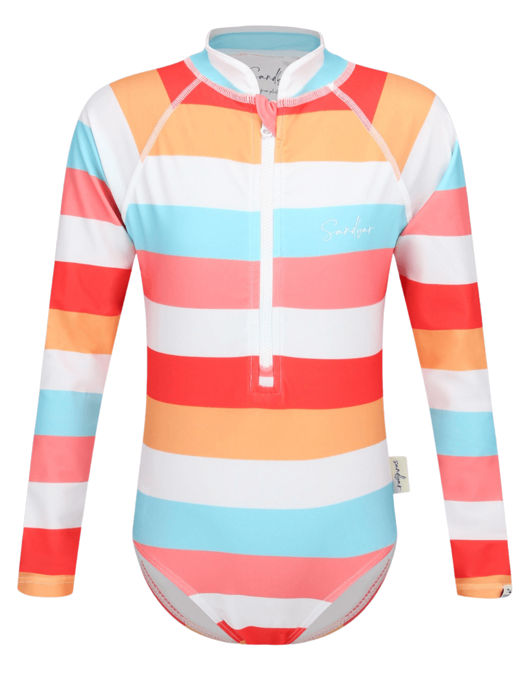 Sunset Stripes Long Sleeved Girls Swimsuit, additional view. Sustainable girls swimwear.