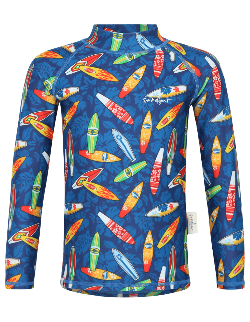 Surfboard Rash Guard, lifestyle shot. Kids UPF50 rash guard.