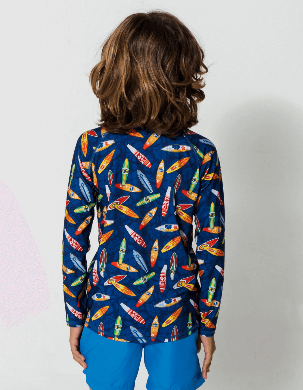 Surfboard Rash Guard, back view. Kids UPF50 rash guard.
