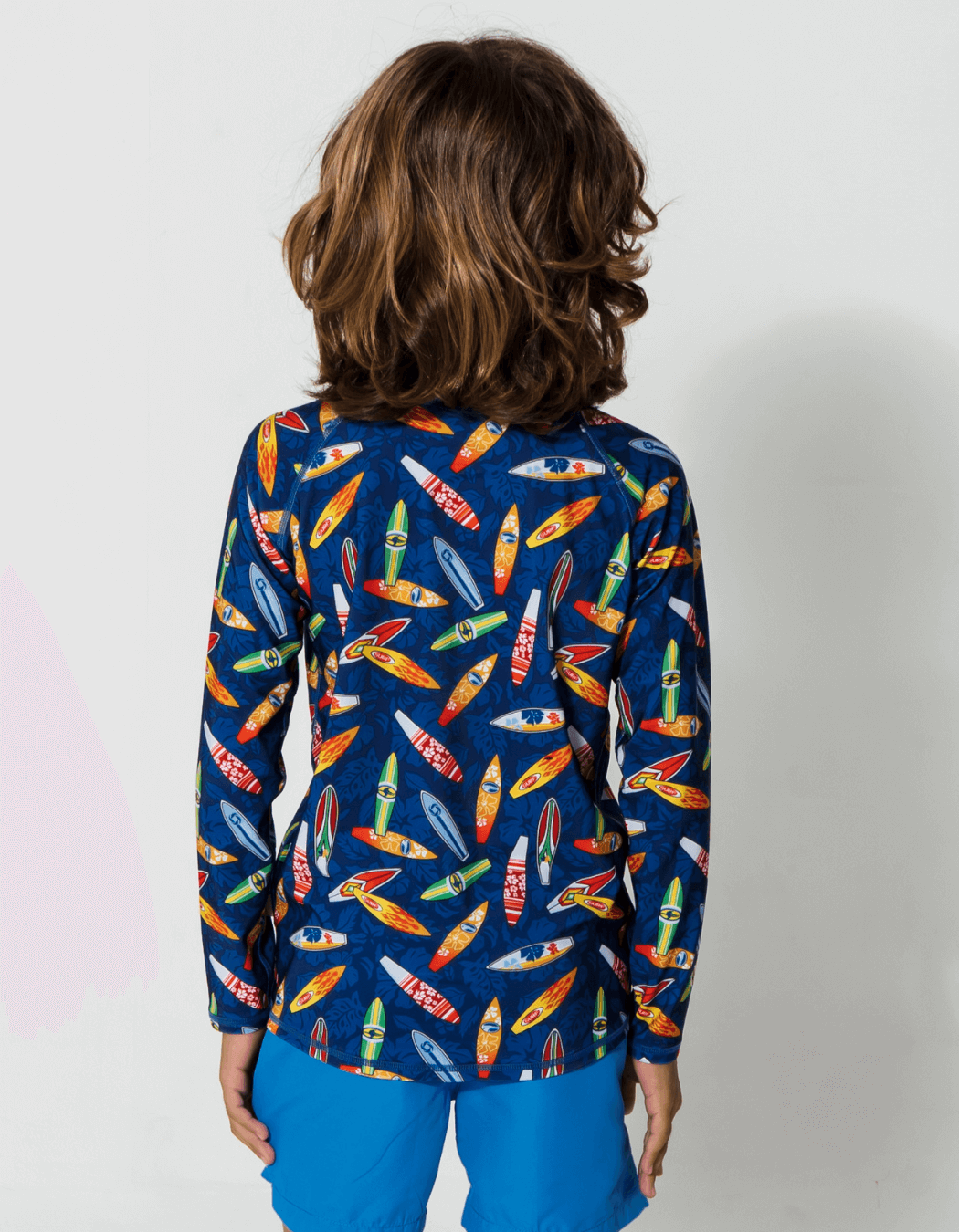 Surfboard Rash Guard, back view. Kids UPF50 rash guard.