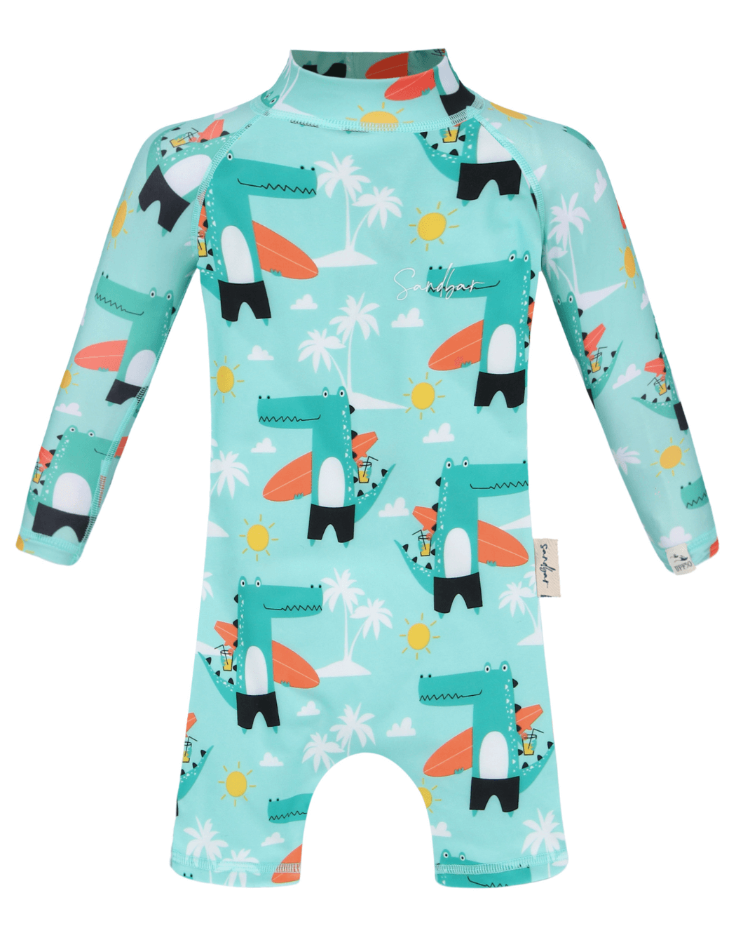 Surfing Crocodile Baby Swimsuit, print detail. Sustainable baby swimwear.