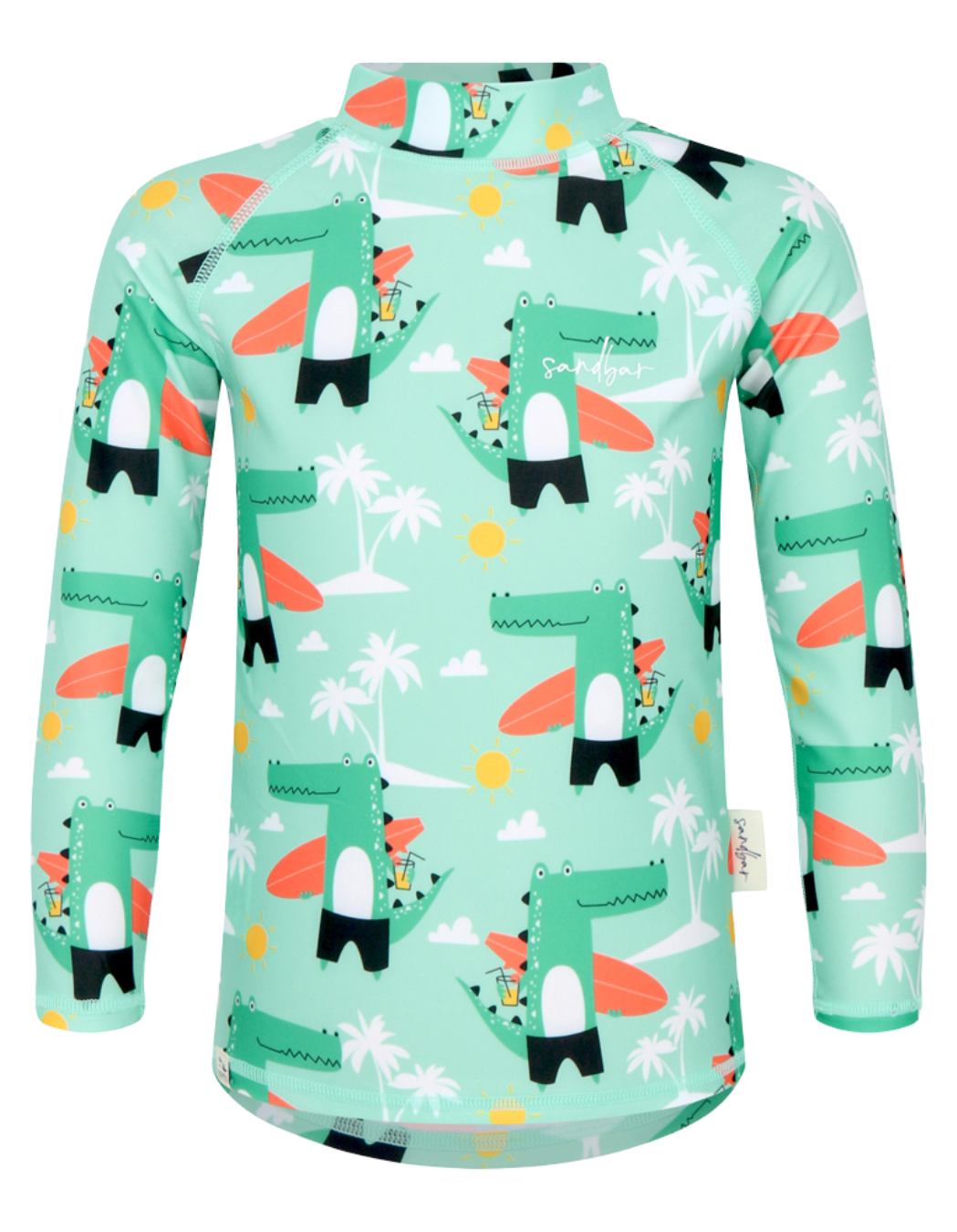 Surfing Crocodile Rash Guard, lifestyle shot. Kids UPF50 rash guard.