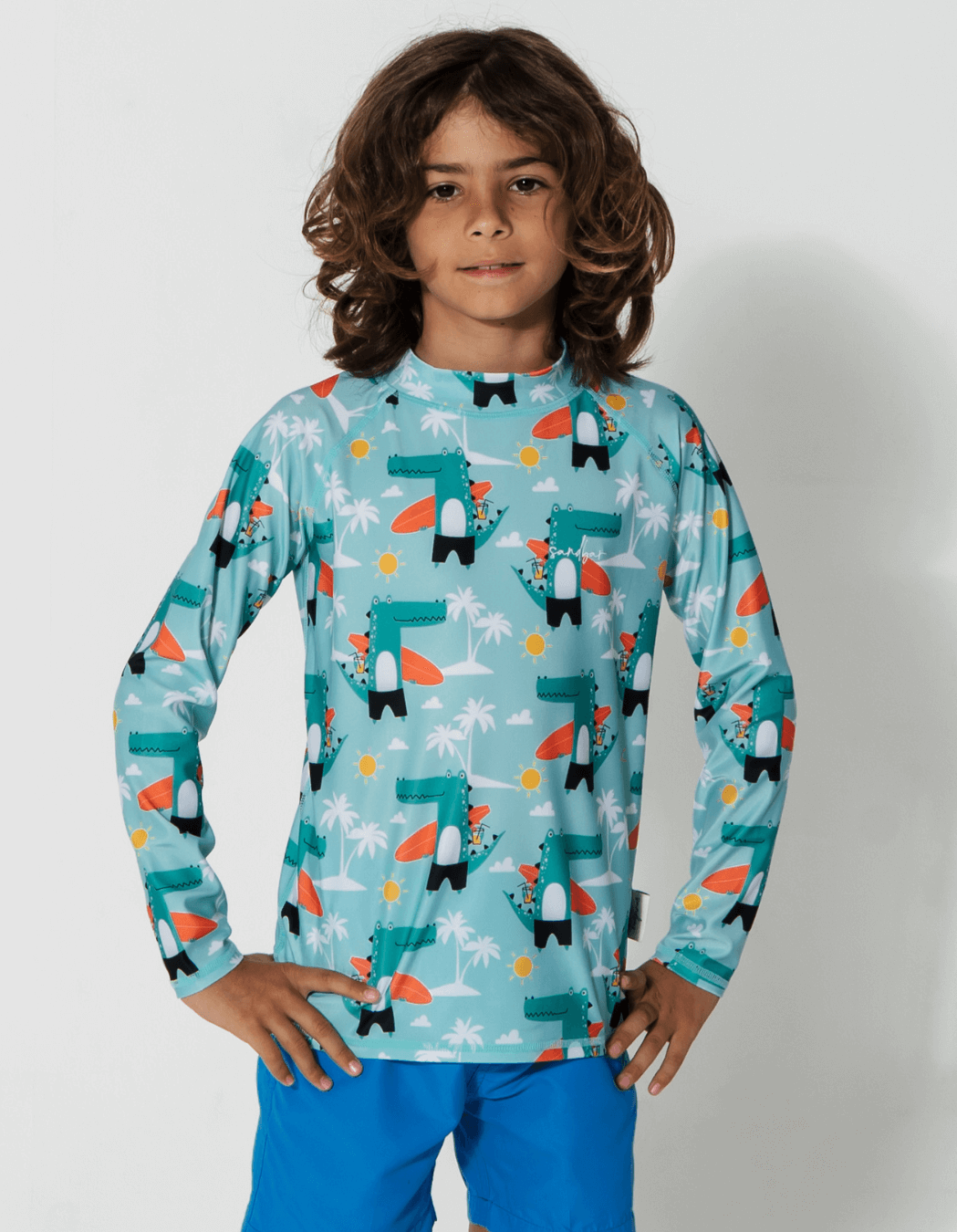 Surfing Crocodile Rash Guard, print detail. Kids UPF50 rash guard.