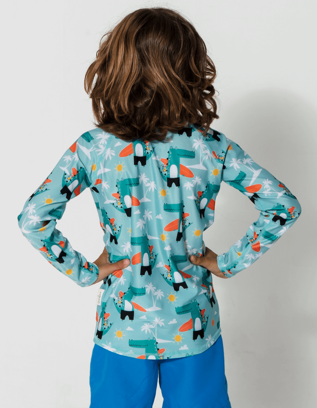 Surfing Crocodile Rash Guard, back view. Kids UPF50 rash guard.