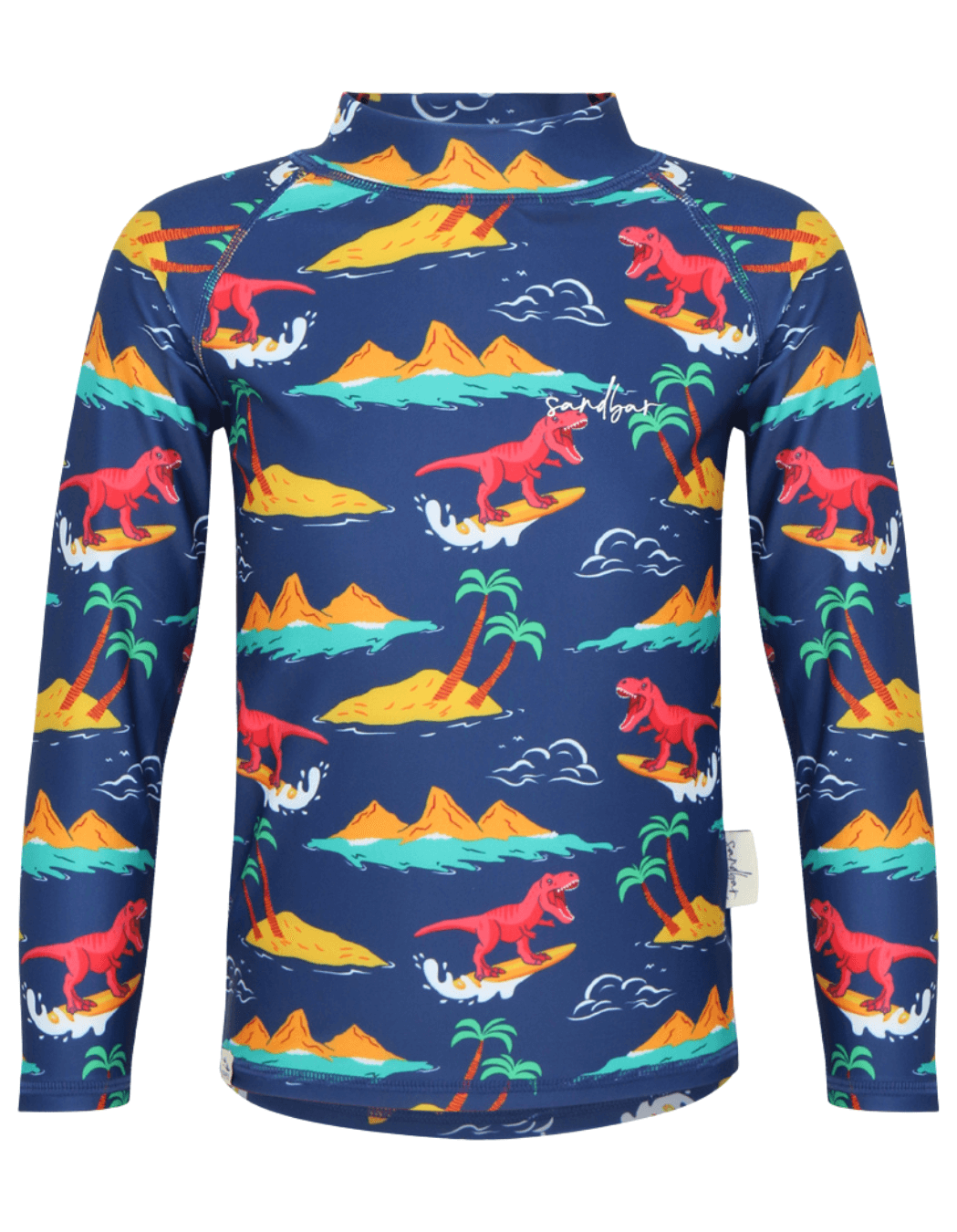 Surfing Dinosaur Rash Guard, lifestyle shot. Kids UPF50 rash guard.