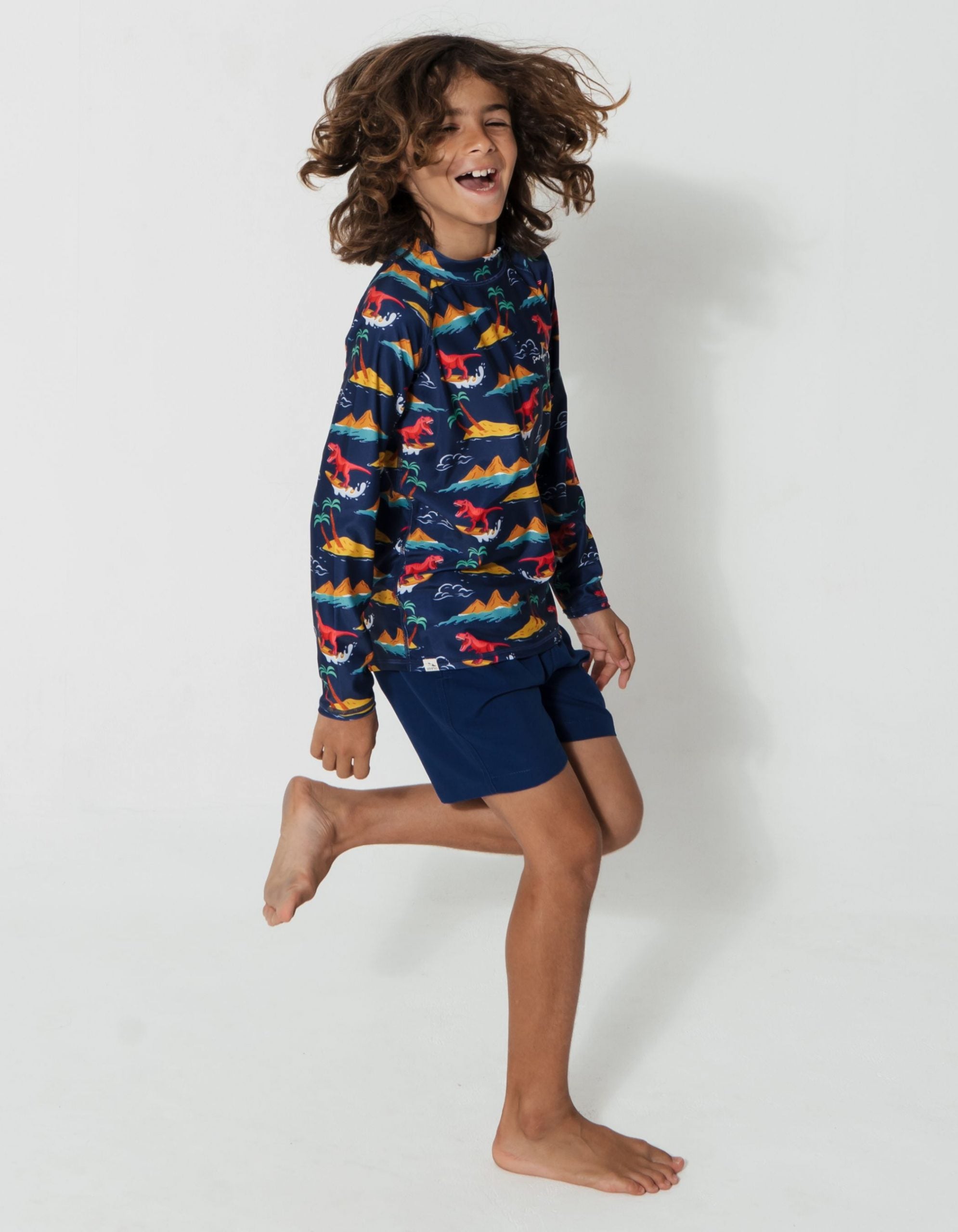 Surfing Dinosaur Rash Guard, print detail. Kids UPF50 rash guard.